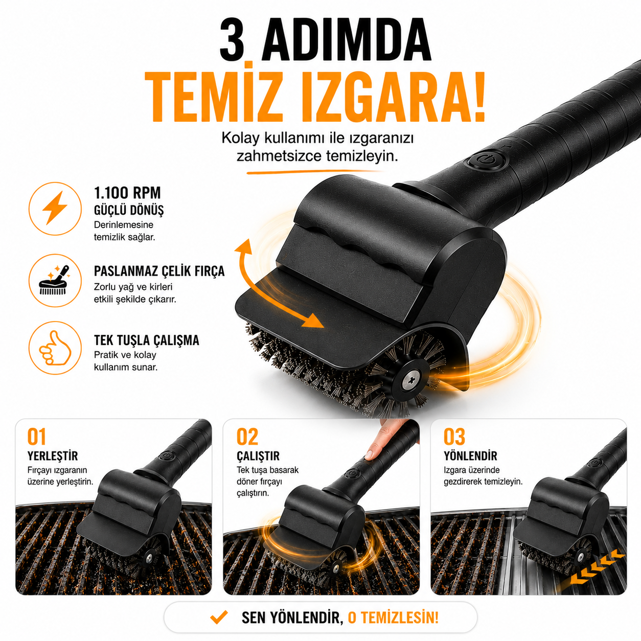 Elektrikli Izgara Temizleme Fırçası – 1.100 RPM
